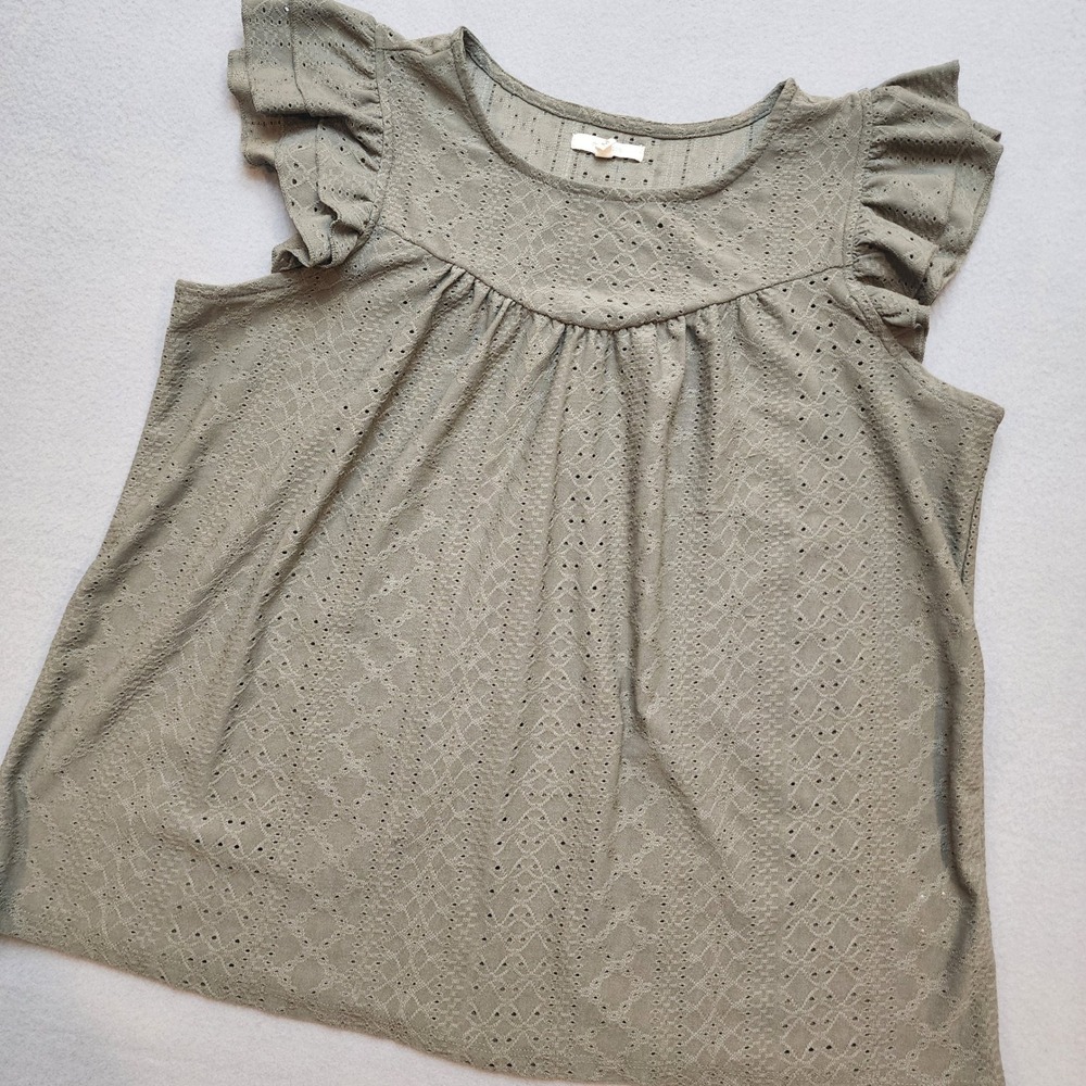 Maurices Olive Green Eyelet Ruffle Sleeve Babydoll Knit Top Blouse Medium Boho